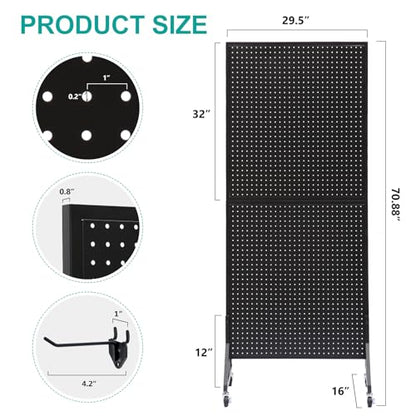 Eastern Tree 2.5'x 6' Metal Pegboard Display Stand with T-Base, Black Peg Board Panels Display with Casters, Standing Pegboard Display, Retail Display Stand, Extra 10 Pieces Hooks, Black - size: 1-Pack Black