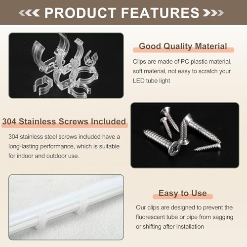 MECCANIXITY T12 U Clips Holder Bracket Fluorescent Tube Light Fixture Plastic Pipe Clamps with Screws for LED Bulbs Ceiling Lamp, Clear, Pack of 12 - size: T12