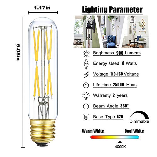 T10 LED Bulb, 8W Dimmable, 75-100W Equivalent, 4000K Daylight, 850 Lumens, E26 Base, Clear Glass - color: T10-8w-4000k-1p