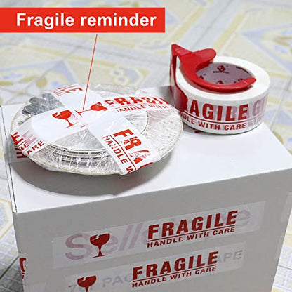 BOMEI PACK 6 Rolls Fragile Tape 2 Inch x 180 Feet (60 Yards) - Handle with Care Marking Tape, Fragile Packing Tape with Dispenser - Heavy Duty Fragiles Tape for Shipping and Moving Boxes