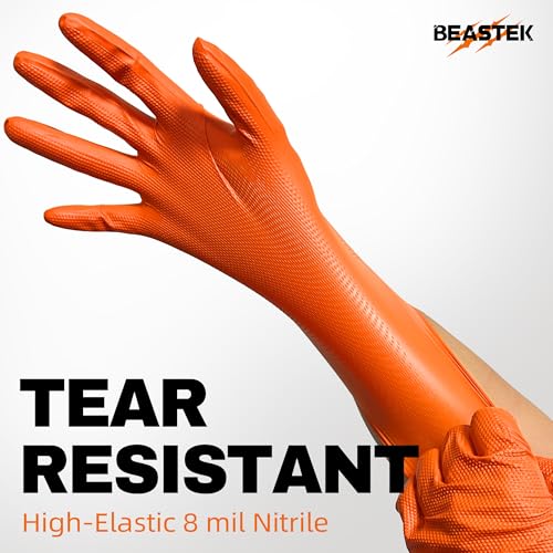 BEASTEK Nitrile Disposable Gloves, 8Mil Latex & Powder Free Chemical Resistant Heavy Duty Cooking Diamond Glove Orange 50 Pcs - color: X-large (Orange)