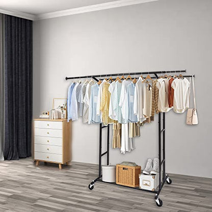 Fishat Black 60" H Heavy Duty Double Rod Rolling Clothes Garment Rack - color: Black