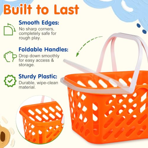 NUOBESTY Pretend Play Toy Shopping Basket 2 Pack - Orange Plastic Grocery Baskets with Handles for Toddlers, Mini Market Kitchen Accessories & Play Food Storage