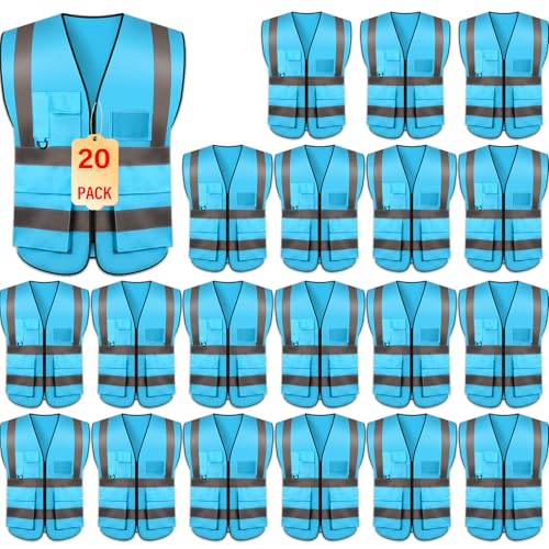 Safety Vests 20 Pack,Hi Vis Construction Vest with 5 Pockets and Zipper,Reflective Vest for Men Women Work One Size - color: Lake Blue
