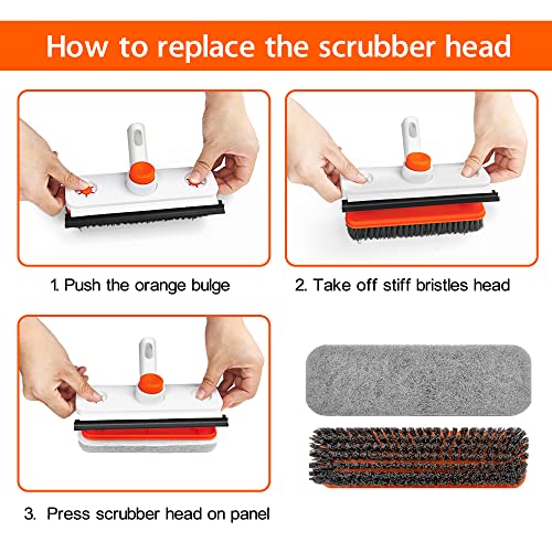 Floor Scrub Brush with Long Handle, 3-in-1 Rotating Scrubber with Squeegee