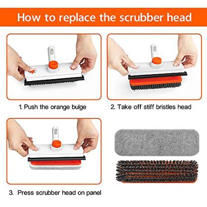 Floor Scrub Brush with Long Handle, 3-in-1 Rotating Scrubber with Squeegee