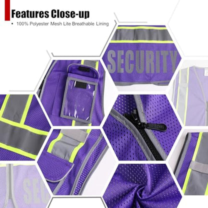 Security Vest for Men Women Reflective Safety Vest with 5 Pockets and Front Zipper Mesh High Visibility Vest Meets ANSI/ISEA 107-2015 Standards (Purple-22, X-Large) - color: Purple, size: X-Large