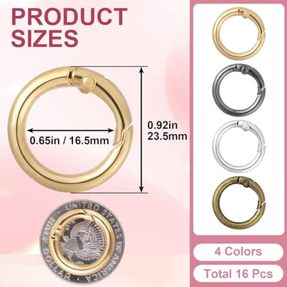 HINZIC Metal Spring O Rings, Round Colorful Keychain Snap Clip - color: Silver, Gold, Black, Ancient Cyan,16Pcs
