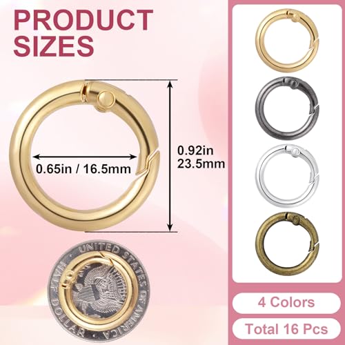 HINZIC Metal Spring O Rings, Round Colorful Keychain Snap Clip - color: Silver, Gold, Black, Ancient Cyan,16Pcs