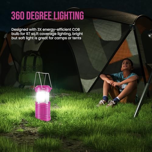 Lichamp LED Camping Lantern, 4 Pack Battery Powered Flashlight for Power Outages, Portable Collapsible Hanging Light Essential for Home, Outdoor, Emergency Lamp Survival Kit Gear for Hurricane, Pink - color: Pink