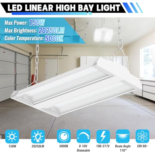 Allsmartlife LED Linear High Bay Light 4-Pack, 150W 20250LM 0-10V Dimmable 5000K Daylight, Adjustable Tilt Hanging LED High Bay Shop Lighting Fixtures for Garage Warehouse Workshop, ETL