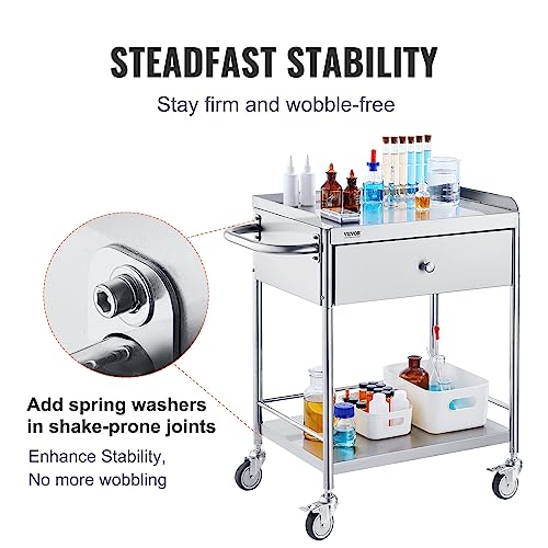 VEVOR Stainless Steel Utility Cart with Wheels - Medical/Dental Lab Cart - 2 Shelves/1 Drawer - style: Catering Cart