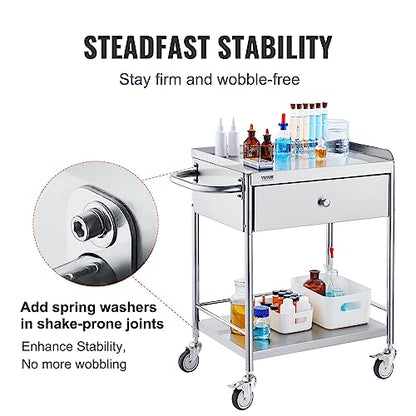 VEVOR Stainless Steel Utility Cart with Wheels - Medical/Dental Lab Cart - 2 Shelves/1 Drawer - style: Catering Cart