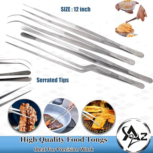 Professional Culinary Stainless Steel Precision Tongs with Serrated Tips, Plating/Food Presentation Detailing Serving Tongs, Chef's Kitchen Tweezer Tongs - Ultra Non-Slip Grip (12" 4 PCS) - size: 12" 4 PCS