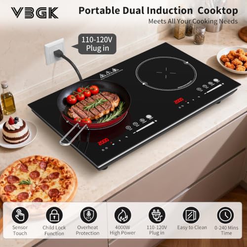 VBGK 2 burner induction cooktop,110V 4000W 2 burner induction stove top with Brushed Panel LED touch Control,8 Power Levels, Kids Lock & 4H Timer 2 burner hot plate - size: 2 Burner induction Cooktop