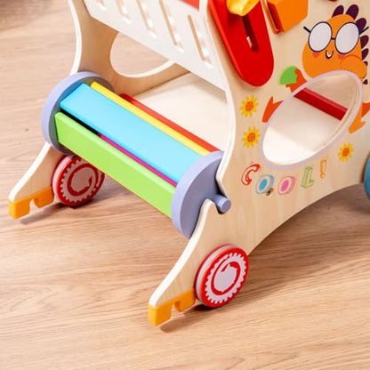 Wooden Baby Walker with Shopping Cart, Push Walker for 1 Year Old Learning to Walk, Shape Matching Block Game, Large Storage Toddler Walking Toy for Boys & Girls 6-12 Months