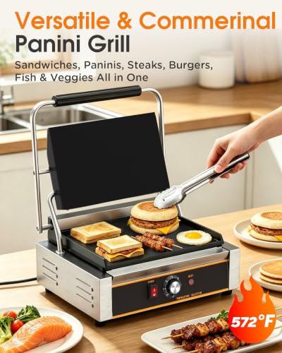 Commercial Panini Press - 2200W Electric Panini Sandwich Grill w/Nonstick Coating & Adjustable Temp, Stainless Steel, Panini Grill Press w/14"x9" Cooking Pan (Full Flat),Double-sided Heating - style: 14"x9" Smooth Plates