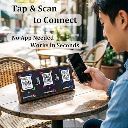 Walnut NFC Business Sign with 3 QR Codes – Tap & Scan to Connect, Compatible with Google Review, Instagram, Facebook Follow, No App, No Monthly Fee, Editable Links, Desk Display for Small Business