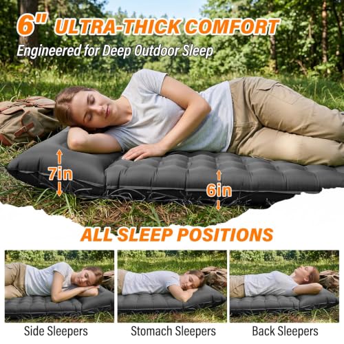 Camping Sleeping Pad, 6 inch Thick Ultralight Camping Mat with Pillow, Built-in Foot Pump Inflatable Sleeping Pads Compact for Camping Backpacking Hiking Traveling Tent,Single,Gray - color: Grey