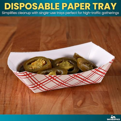 Paper Food Trays, Disposable Food Boat Tray Holders 1/4 lb Capacity, for Nachos, Fries, Hot Dogs & Tacos, Red Plaid, 250 Pack