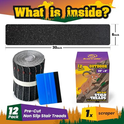 Outdoor Stair Treads Non Slip 30"x6" – 12 Pack Pre-Cut Anti Slip Grip Tape for Outdoor Wooden Steps – 80 Grit Waterproof Weather Resistant Adhesive Non Skid Strips – Includes Scraper