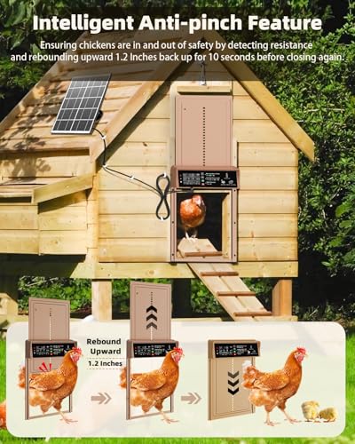 Automatic Chicken Coop Door Solar Powered with Timer & Light Sensor, Pet Deluxe Chicken Door with 7W Solar Panel, Anti-Pinch Safety, 10PCS Wire Clips and Aluminum Alloy, Long-Range Remote - Brown - color: Brown