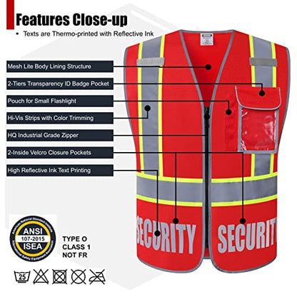 Security Vest for Men Women Reflective Safety Vest with 5 Pockets and Front Zipper Mesh High Visibility Vest Meets ANSI/ISEA 107-2015 Standards (Red-22, Small) - color: Red, size: Small