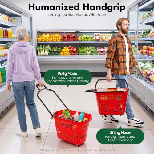 6PCS Shopping Basket 35L Portable Plastic Rolling Shopping Cart with Wheels - color: Red