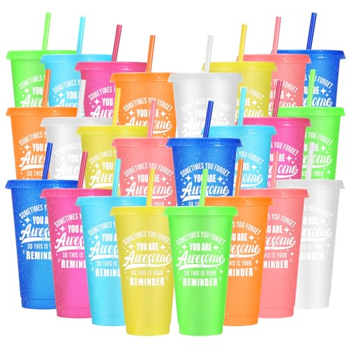 24 Pack Plastic Tumblers with Lids and Straws, Sometime You Forget You Are Awesome Gifts Reusable Cups with Lids Colorful Cups for Party, Iced Coffee Cup Bulk Tumbler (24 oz, Light Color Printed) - color: Light Colors Printed