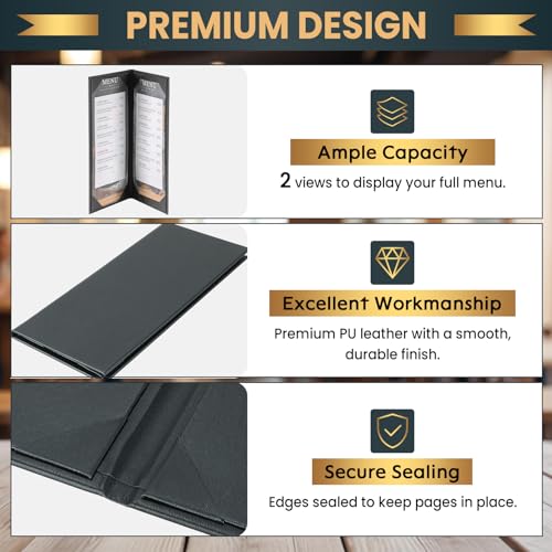 12 Pack 2 View Menu Holder Menu Covers 4.25" x 11" | Black Leather Menu Sleeves Book Style for Restaurant Coffee Bars Wine List - size: 2 View