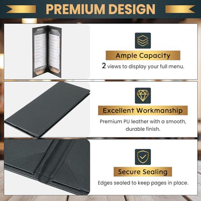 12 Pack 2 View Menu Holder Menu Covers 4.25" x 11" | Black Leather Menu Sleeves Book Style for Restaurant Coffee Bars Wine List - size: 2 View