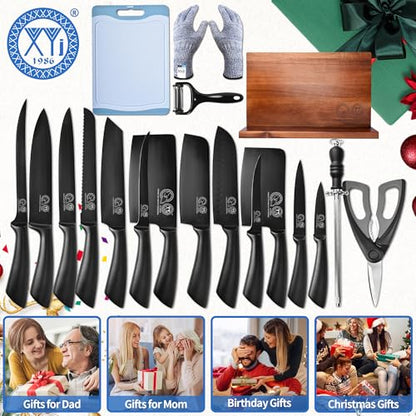 XYJ Professional Knife Sets for Master Chefs, Knife Block Set - color: Full Black, size: 16 in 1 with block