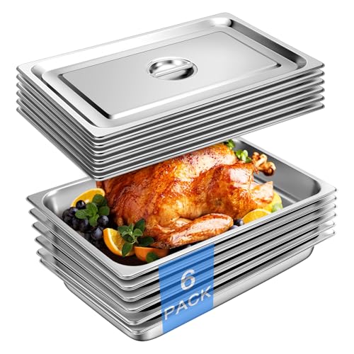 Stainless Steel Hotel Pans With Lids (6 Pack, Full Size 1/1 x 2-1/2" Deep) - color: 2-1/2" Deep, size: Full Size