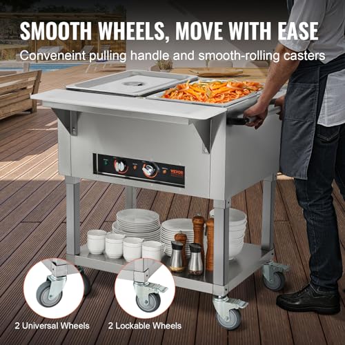 VEVOR 2-Pan Commercial Food Warmer, 2 x 20.6QT Electric Steam Table, 1000W Professional Buffet Catering Food Warmer with 4 Wheels (2 Lockable), Food Grade Stainless Steel Server for Party Restaurant - size: 2-Pan (41.2 QT)