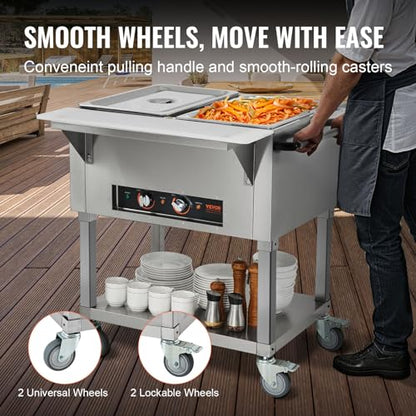 VEVOR 2-Pan Commercial Food Warmer, 2 x 20.6QT Electric Steam Table, 1000W Professional Buffet Catering Food Warmer with 4 Wheels (2 Lockable), Food Grade Stainless Steel Server for Party Restaurant - size: 2-Pan (41.2 QT)