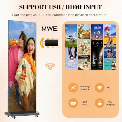 MWE P1.86 LED Poster Screen with Flight Case, 80" LED Digital Signage Display with Publishing System, Foldable Advertising Display Kiosk Video Wall for Events, WiFi/USB/HDMI (1 Panel) - size: 80"-1 Panel
