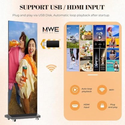 MWE P1.86 LED Poster Screen with Flight Case, 80" LED Digital Signage Display with Publishing System, Foldable Advertising Display Kiosk Video Wall for Events, WiFi/USB/HDMI (1 Panel) - size: 80"-1 Panel