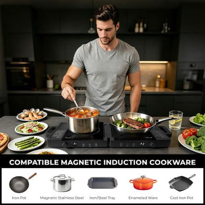 Rosewill Foldable Dual Induction Cooktop Burner, 1800W Portable Double Burner with 8 Cooking Modes & 9-Hour Timer, Auto Shutoff, Electric Stove for Home, Dorms, RVs, Small Kitchen - Black - color: Black