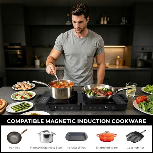 Rosewill Foldable Dual Induction Cooktop Burner, 1800W Portable Double Burner with 8 Cooking Modes & 9-Hour Timer, Auto Shutoff, Electric Stove for Home, Dorms, RVs, Small Kitchen - Black - color: Black