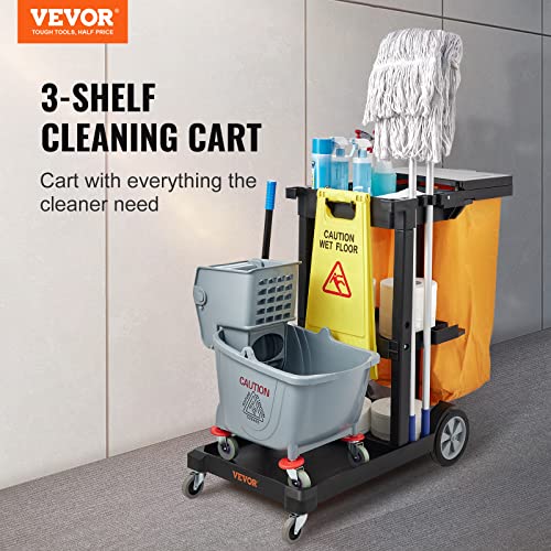 VEVOR Cleaning Cart, 3-Shelf Commercial Janitorial Cart, 200 lbs Capacity Plastic Housekeeping Cart, with 25 Gallon PVC Bag and Cover, 47 x 20 x 38.6in, Yellow&Black - color: Black+lid
