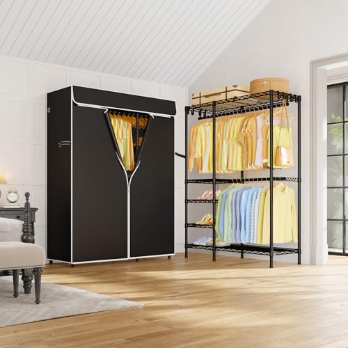 ULIFHOME F2C Clothes Rack with Cover, 47.2"W x 16.5"D x 78.3"H, Load 692lbs - color: Black Closet with Black Cover