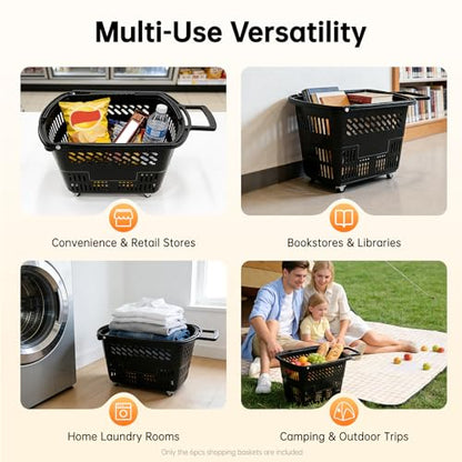 6PCS Shopping Basket 35L Portable Plastic Rolling Shopping Cart with Wheels - color: Black