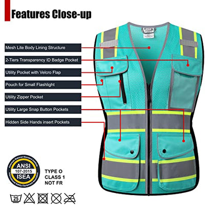 High Visibility Reflection Peacock Mesh Safety Vests with 9 Pockets and Front Zipper, hi vis safety vest for Women (Peacock-16,XL) - color: Peacock, size: X-Large