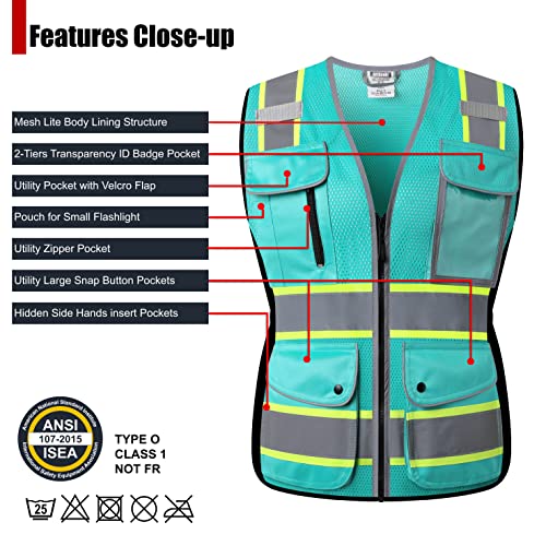 High Visibility Reflection Peacock Mesh Safety Vests with 9 Pockets and Front Zipper, hi vis safety vest for Women (Peacock-16,S) - color: Peacock, size: Small