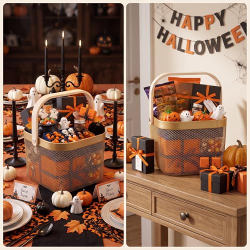 Roshtia 6 Pcs Metal Mesh Basket with Handle, Fall Halloween Garden Basket - color: Gold, size: 9.65 x 9.65 x 7.09 Inch