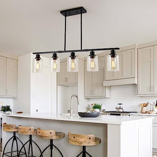 39.4" Kitchen Island Lighting, 5 Lights Clear Glass Pendant Light Fixtue, Black Linear Metal Chandelier for Dining&Living Room Foyer,Height Adjustable,E26 Socket - color: Black