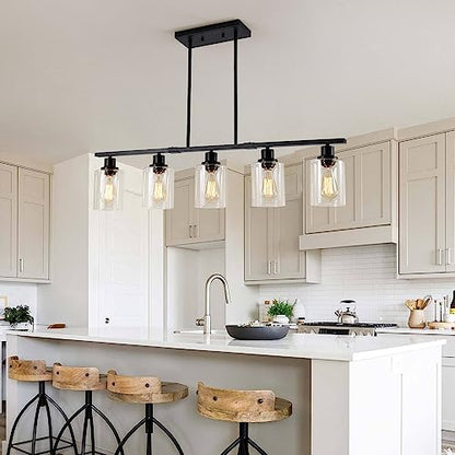 39.4" Kitchen Island Lighting, 5 Lights Clear Glass Pendant Light Fixtue, Black Linear Metal Chandelier for Dining&Living Room Foyer,Height Adjustable,E26 Socket - color: Black