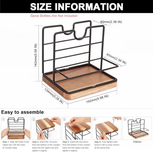 Livabber Napkin Holder, Metal Napkin Storage with Salt and Pepper Shakers Caddy Modern Napkin Dispenser for Table Kitchen Countertop, Not Including Salt and Pepper Shakers (Middle Wooden, Black) - color: Black, size: Middle Wooden