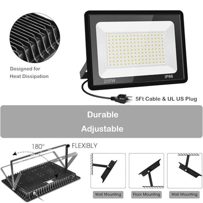 200W LED Flood Lights 2 Pack, 3000K Warm White Security Lights, Outdoor IP66 Waterproof, Backyard Garden Garage - size: 200w_2pack