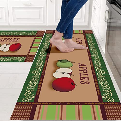 Apple Kitchen Rugs 2 Piece Set for Floor Mat, Non Skid Washable Absorbent Microfiber Apple Kitchen Mat for in Front of Sink for Standing for Home Apple Kitchen Decor 17"X30"+17"X47" - color: Apple Kitchen Mat
